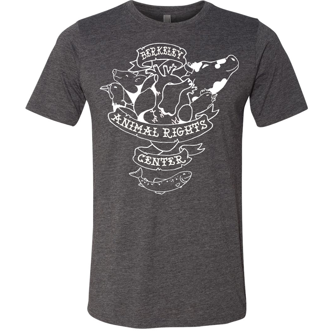 Dark heather ARC T-shirt with the Berkeley Animal Rights Center mural design